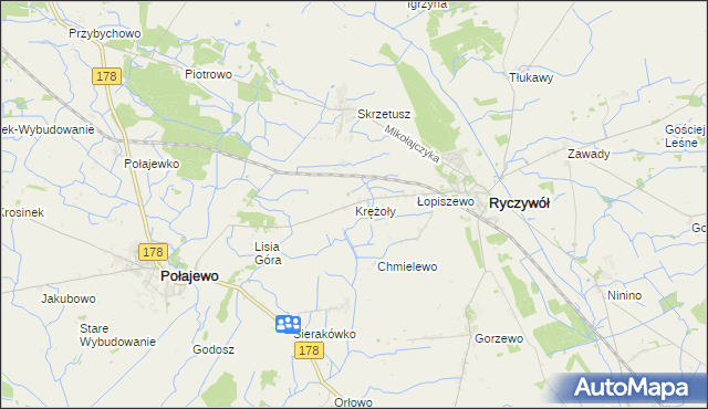 mapa Krężoły gmina Ryczywół, Krężoły gmina Ryczywół na mapie Targeo