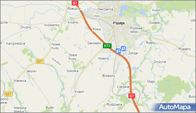 mapa Nowiny gmina Pasłęk, Nowiny gmina Pasłęk na mapie Targeo