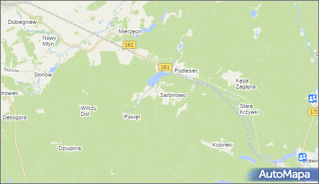 mapa Sarbinowo gmina Dobiegniew, Sarbinowo gmina Dobiegniew na mapie Targeo