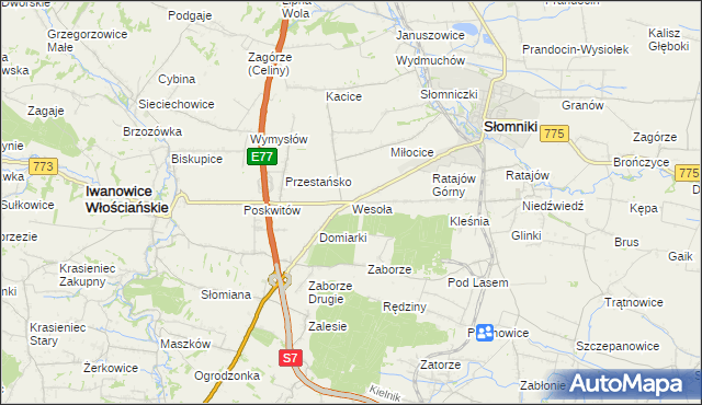 mapa Wesoła gmina Słomniki, Wesoła gmina Słomniki na mapie Targeo