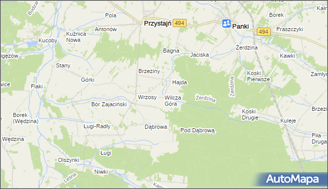 mapa Wilcza Góra gmina Przystajń, Wilcza Góra gmina Przystajń na mapie Targeo