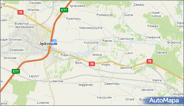 mapa Wolica gmina Jędrzejów, Wolica gmina Jędrzejów na mapie Targeo