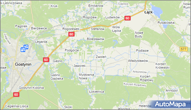 mapa Zwoleń gmina Gostynin, Zwoleń gmina Gostynin na mapie Targeo