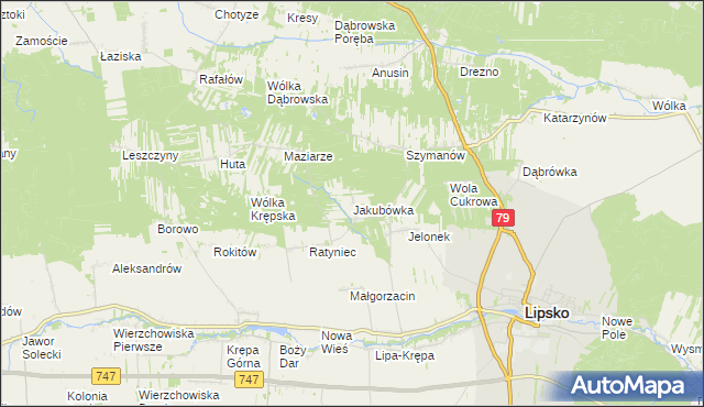 mapa Jakubówka gmina Lipsko, Jakubówka gmina Lipsko na mapie Targeo
