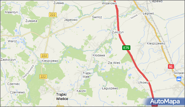 mapa Kłodawa gmina Trąbki Wielkie, Kłodawa gmina Trąbki Wielkie na mapie Targeo