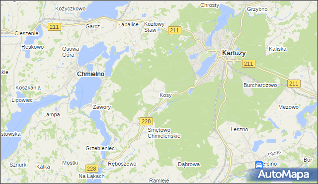 mapa Kosy gmina Kartuzy, Kosy gmina Kartuzy na mapie Targeo