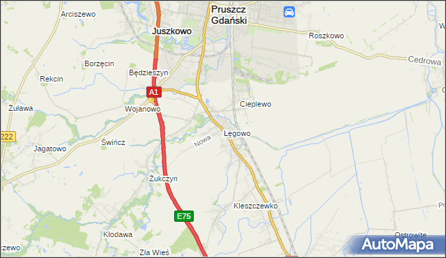 mapa Łęgowo gmina Pruszcz Gdański, Łęgowo gmina Pruszcz Gdański na mapie Targeo