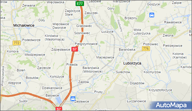 mapa Maciejowice gmina Kocmyrzów-Luborzyca, Maciejowice gmina Kocmyrzów-Luborzyca na mapie Targeo