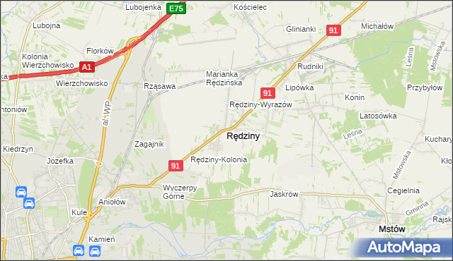 mapa Rędziny powiat częstochowski, Rędziny powiat częstochowski na mapie Targeo