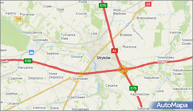 mapa Stryków powiat zgierski, Stryków powiat zgierski na mapie Targeo