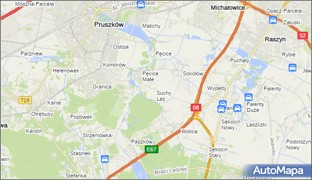 mapa Suchy Las gmina Michałowice, Suchy Las gmina Michałowice na mapie Targeo
