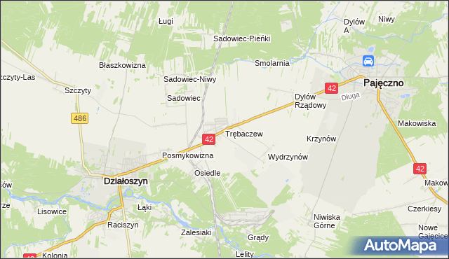 mapa Trębaczew gmina Działoszyn, Trębaczew gmina Działoszyn na mapie Targeo