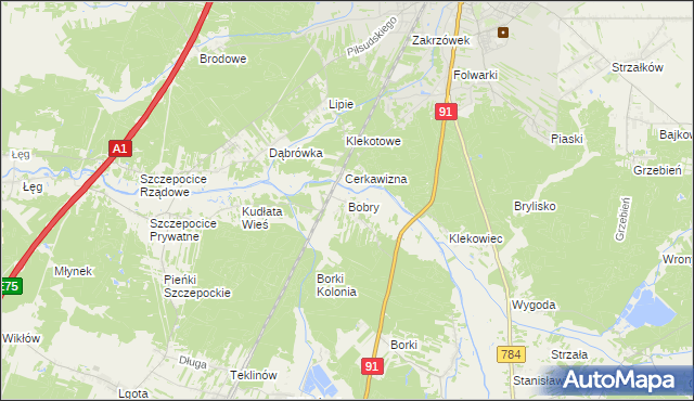 mapa Bobry gmina Radomsko, Bobry gmina Radomsko na mapie Targeo
