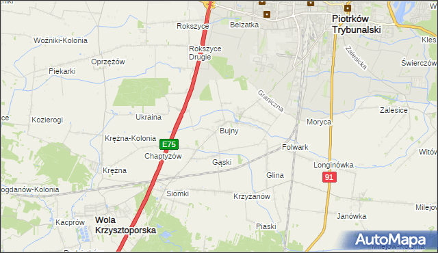 mapa Bujny gmina Wola Krzysztoporska, Bujny gmina Wola Krzysztoporska na mapie Targeo