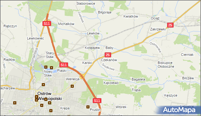 mapa Czekanów gmina Ostrów Wielkopolski, Czekanów gmina Ostrów Wielkopolski na mapie Targeo