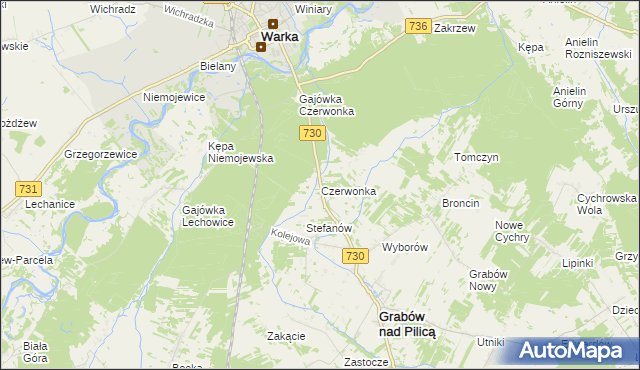 mapa Czerwonka gmina Grabów nad Pilicą, Czerwonka gmina Grabów nad Pilicą na mapie Targeo