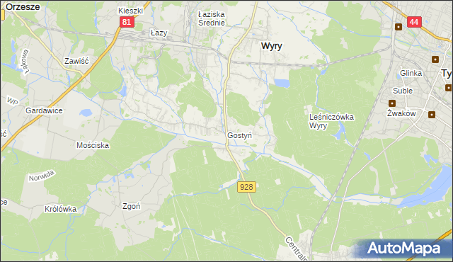 mapa Gostyń gmina Wyry, Gostyń gmina Wyry na mapie Targeo