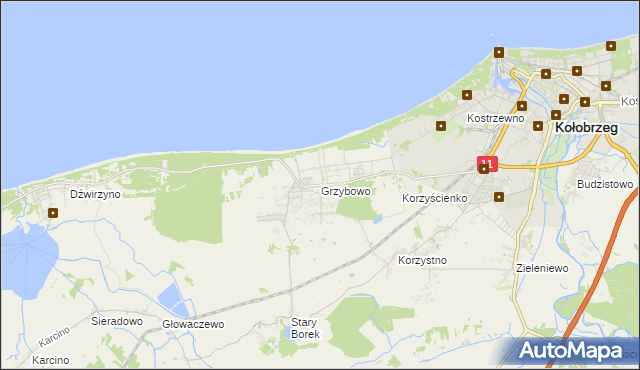 mapa Grzybowo gmina Kołobrzeg, Grzybowo gmina Kołobrzeg na mapie Targeo