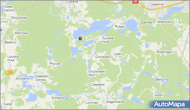 mapa Grzybowo gmina Kościerzyna, Grzybowo gmina Kościerzyna na mapie Targeo