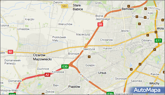 mapa Jawczyce gmina Ożarów Mazowiecki, Jawczyce gmina Ożarów Mazowiecki na mapie Targeo