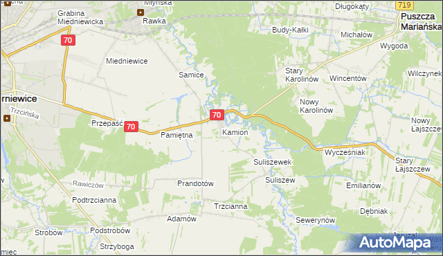 mapa Kamion gmina Puszcza Mariańska, Kamion gmina Puszcza Mariańska na mapie Targeo