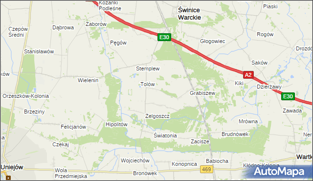 mapa Ładawy gmina Świnice Warckie, Ładawy gmina Świnice Warckie na mapie Targeo