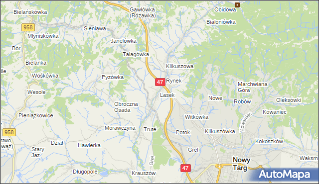 mapa Lasek gmina Nowy Targ, Lasek gmina Nowy Targ na mapie Targeo