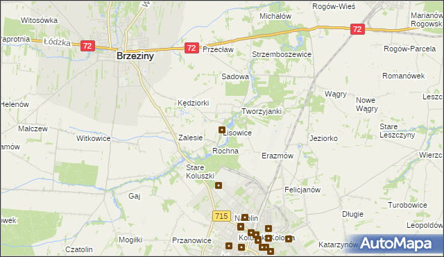 mapa Lisowice gmina Koluszki, Lisowice gmina Koluszki na mapie Targeo