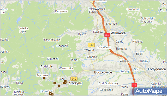 mapa Meszna gmina Wilkowice, Meszna gmina Wilkowice na mapie Targeo