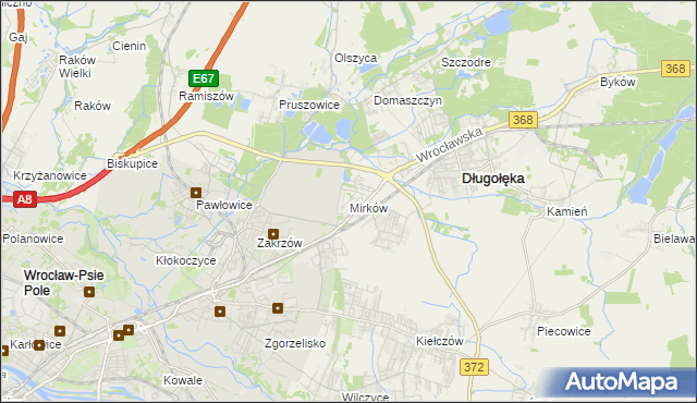 mapa Mirków gmina Długołęka, Mirków gmina Długołęka na mapie Targeo