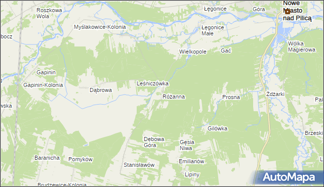 mapa Różanna gmina Odrzywół, Różanna gmina Odrzywół na mapie Targeo