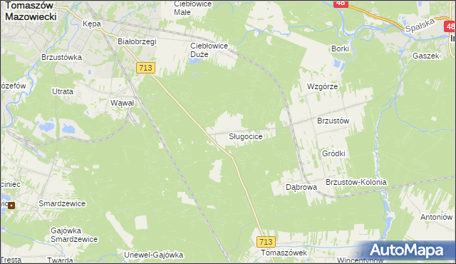 mapa Sługocice gmina Tomaszów Mazowiecki, Sługocice gmina Tomaszów Mazowiecki na mapie Targeo