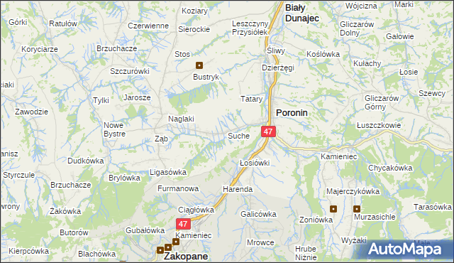 mapa Suche gmina Poronin, Suche gmina Poronin na mapie Targeo