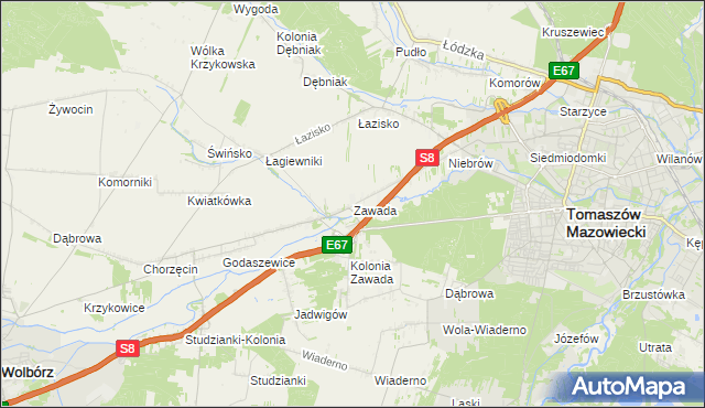 mapa Zawada gmina Tomaszów Mazowiecki, Zawada gmina Tomaszów Mazowiecki na mapie Targeo