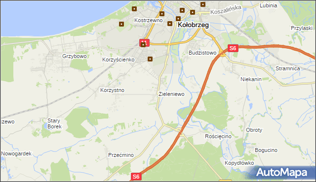 mapa Zieleniewo gmina Kołobrzeg, Zieleniewo gmina Kołobrzeg na mapie Targeo