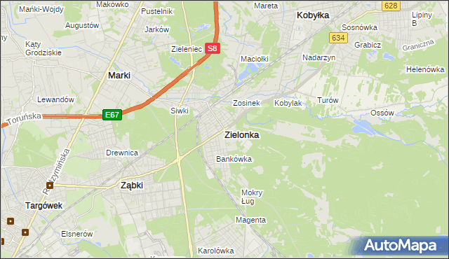 mapa Zielonka powiat wołomiński, Zielonka powiat wołomiński na mapie Targeo