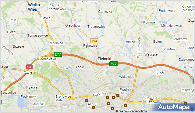 mapa Zielonki powiat krakowski, Zielonki powiat krakowski na mapie Targeo