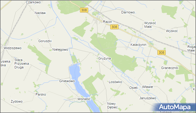 mapa Gryżyna gmina Kościan, Gryżyna gmina Kościan na mapie Targeo