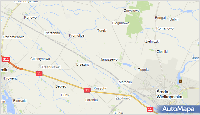 mapa Januszewo gmina Środa Wielkopolska, Januszewo gmina Środa Wielkopolska na mapie Targeo
