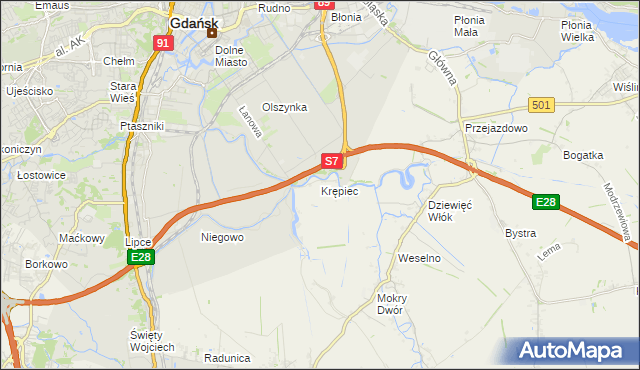 mapa Krępiec gmina Pruszcz Gdański, Krępiec gmina Pruszcz Gdański na mapie Targeo