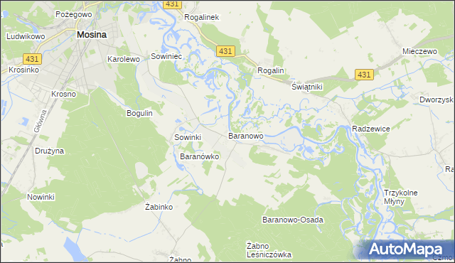 mapa Baranowo gmina Mosina, Baranowo gmina Mosina na mapie Targeo