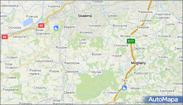 mapa Buków gmina Mogilany, Buków gmina Mogilany na mapie Targeo