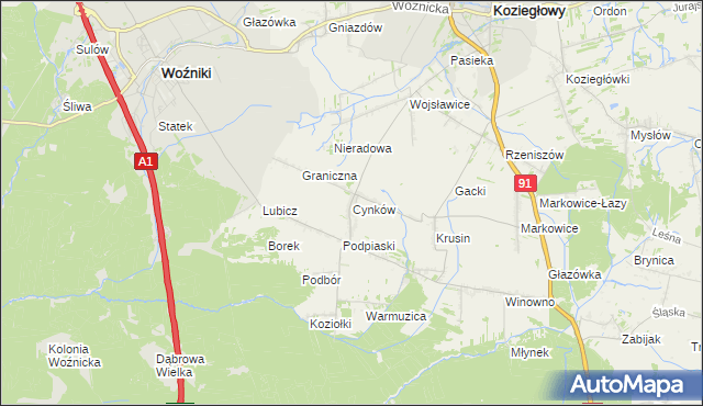 mapa Cynków gmina Koziegłowy, Cynków gmina Koziegłowy na mapie Targeo