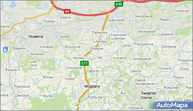 mapa Gaj gmina Mogilany, Gaj gmina Mogilany na mapie Targeo