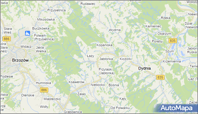 mapa Jabłonka gmina Dydnia, Jabłonka gmina Dydnia na mapie Targeo