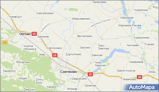 mapa Jackowo gmina Czernikowo, Jackowo gmina Czernikowo na mapie Targeo