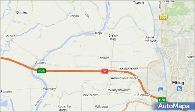 mapa Janowo gmina Elbląg, Janowo gmina Elbląg na mapie Targeo