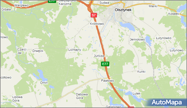 mapa Juńcza gmina Olsztynek, Juńcza gmina Olsztynek na mapie Targeo