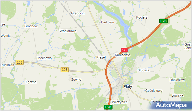 mapa Krężel gmina Płoty, Krężel gmina Płoty na mapie Targeo