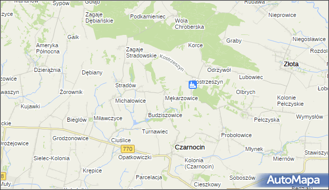 mapa Mękarzowice gmina Czarnocin, Mękarzowice gmina Czarnocin na mapie Targeo